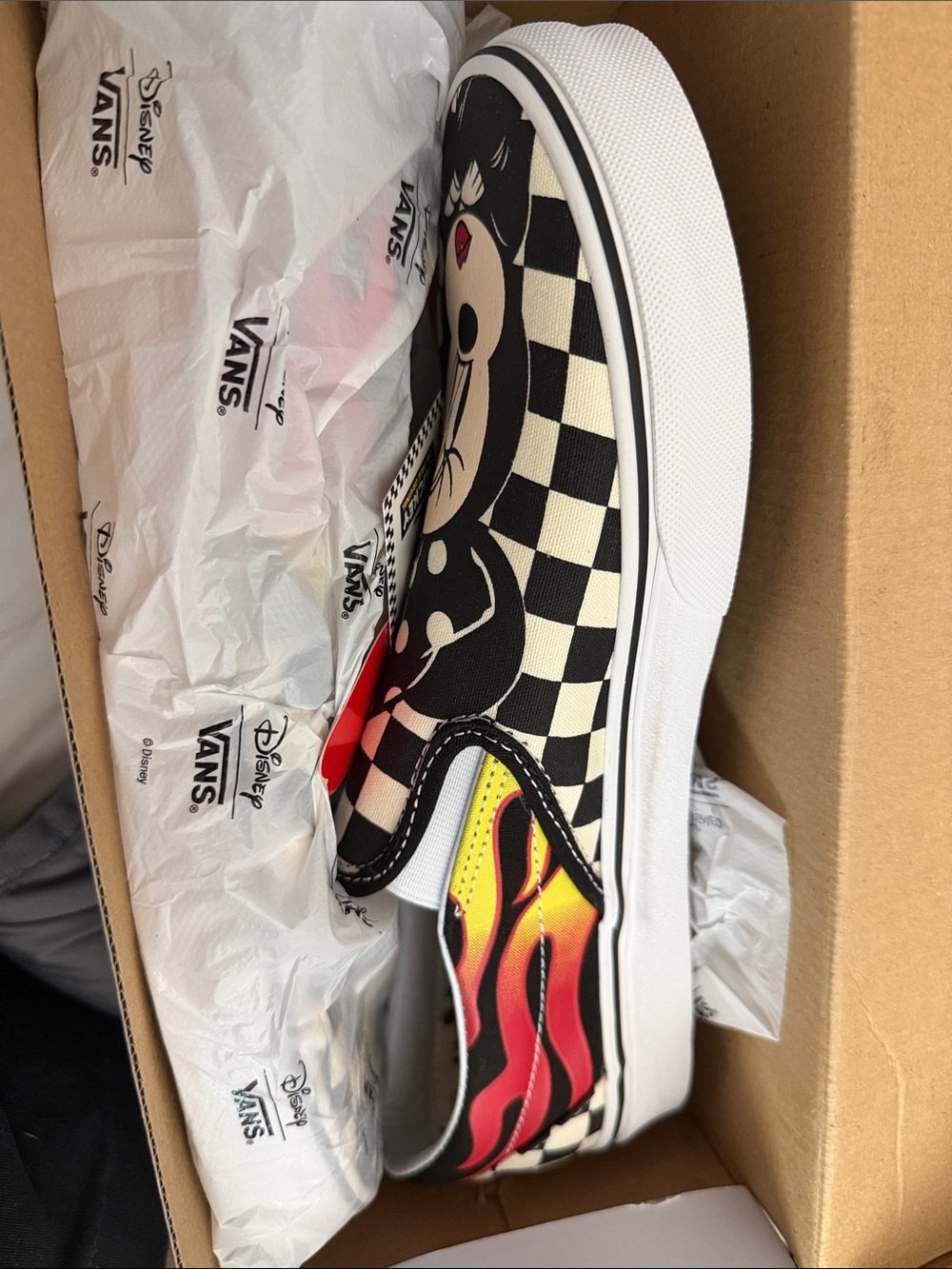 Vans Kids Slip-On Mickey Checkerboard with Red and Yellow Flames